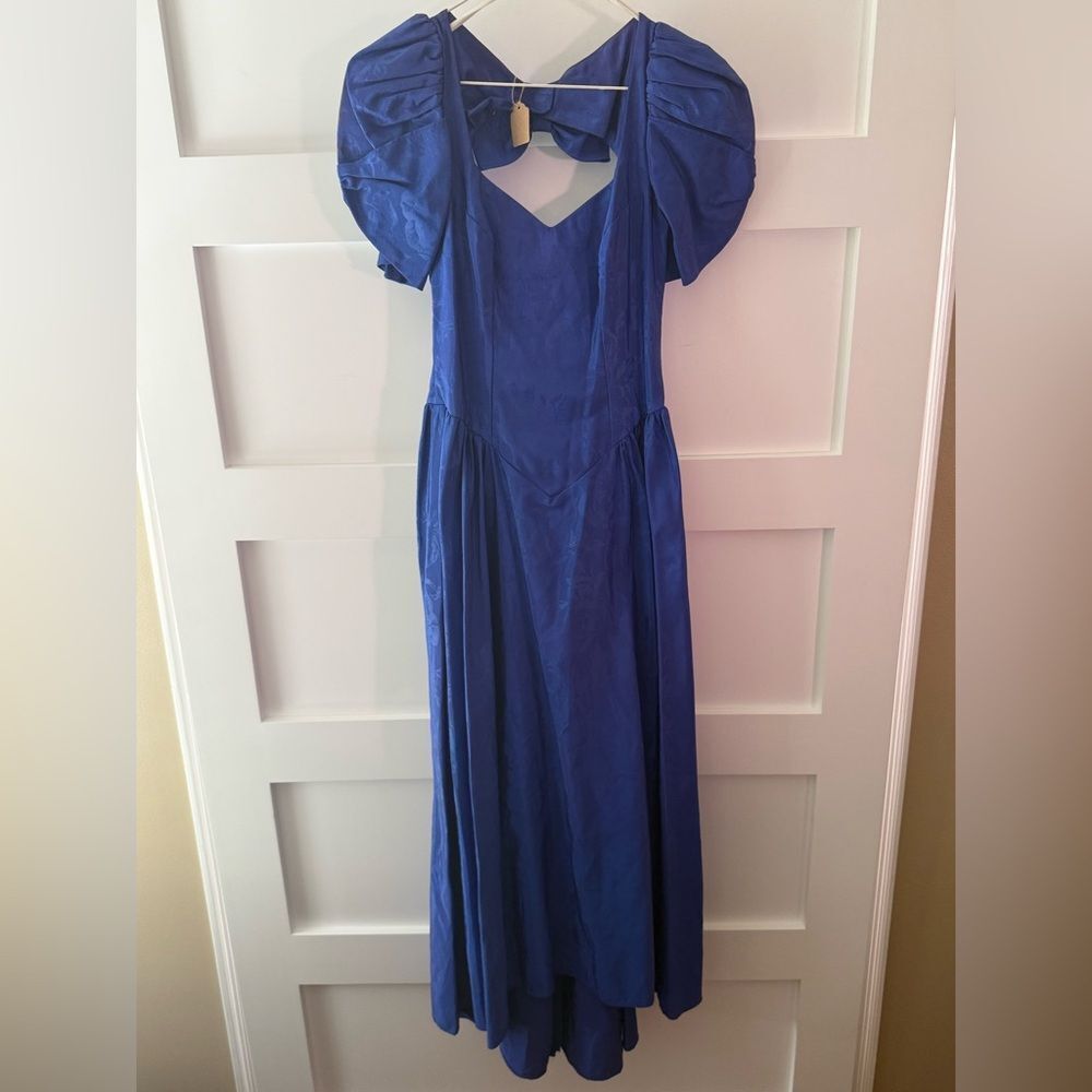 Vintage Alfred Angelo Royal Blue Puff Sleeve Maxi Dress made in USA